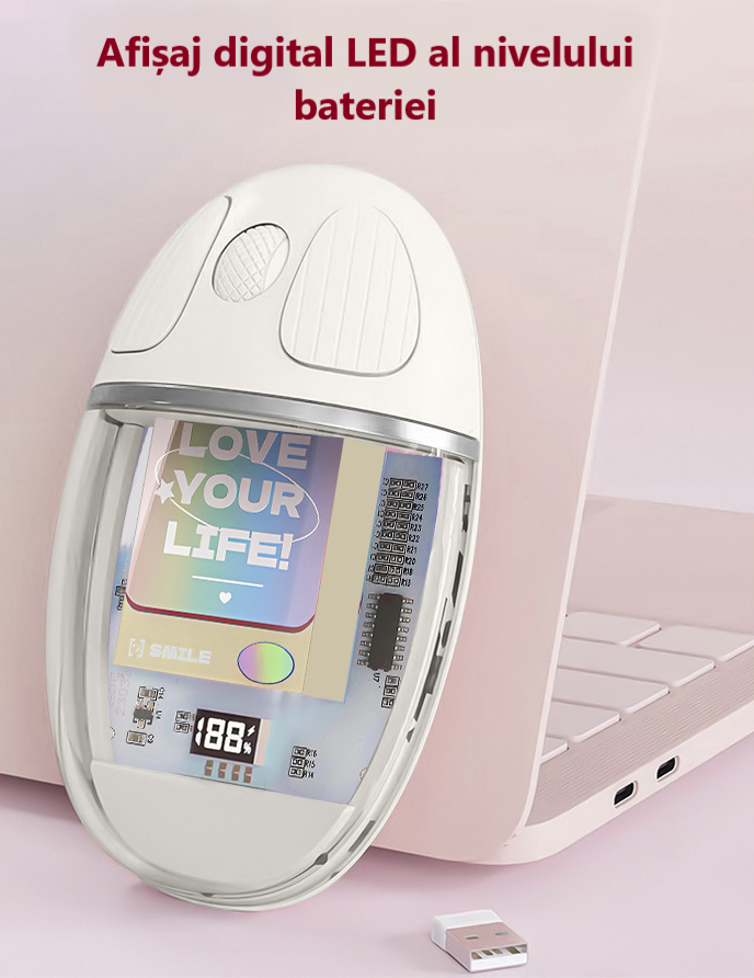 Mouse Wireless cu Afișaj LED, Iluminare RGB, Bluetooth & 2.4G, Reîncărcabil Type-C – Design Modern Cristal, culoare alb, roz și violet