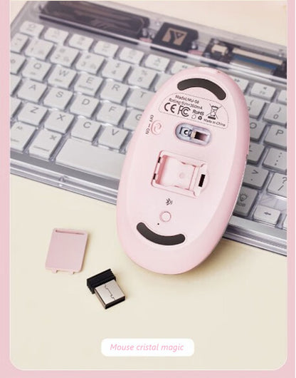 Mouse Wireless cu Afișaj LED, Iluminare RGB, Bluetooth & 2.4G, Reîncărcabil Type-C – Design Modern Cristal, culoare alb, roz și violet