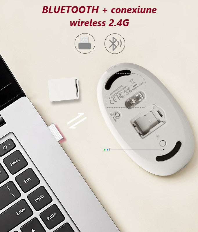 Mouse Wireless cu Afișaj LED, Iluminare RGB, Bluetooth & 2.4G, Reîncărcabil Type-C – Design Modern Cristal, culoare alb, roz și violet