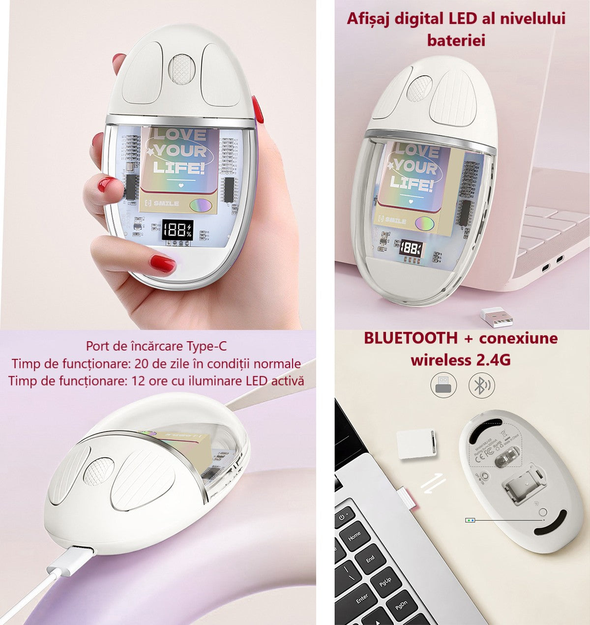 Mouse Wireless cu Afișaj LED, Iluminare RGB, Bluetooth & 2.4G, Reîncărcabil Type-C – Design Modern Cristal, culoare alb, roz și violet