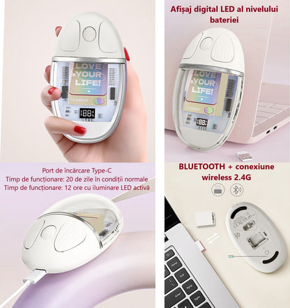 Mouse Wireless cu Afișaj LED, Iluminare RGB, Bluetooth & 2.4G, Reîncărcabil Type-C – Design Modern Cristal, culoare alb, roz și violet