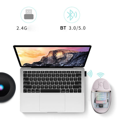 Mouse Wireless cu Afișaj LED, Iluminare RGB, Bluetooth & 2.4G, Reîncărcabil Type-C – Design Modern Cristal, culoare alb, roz și violet