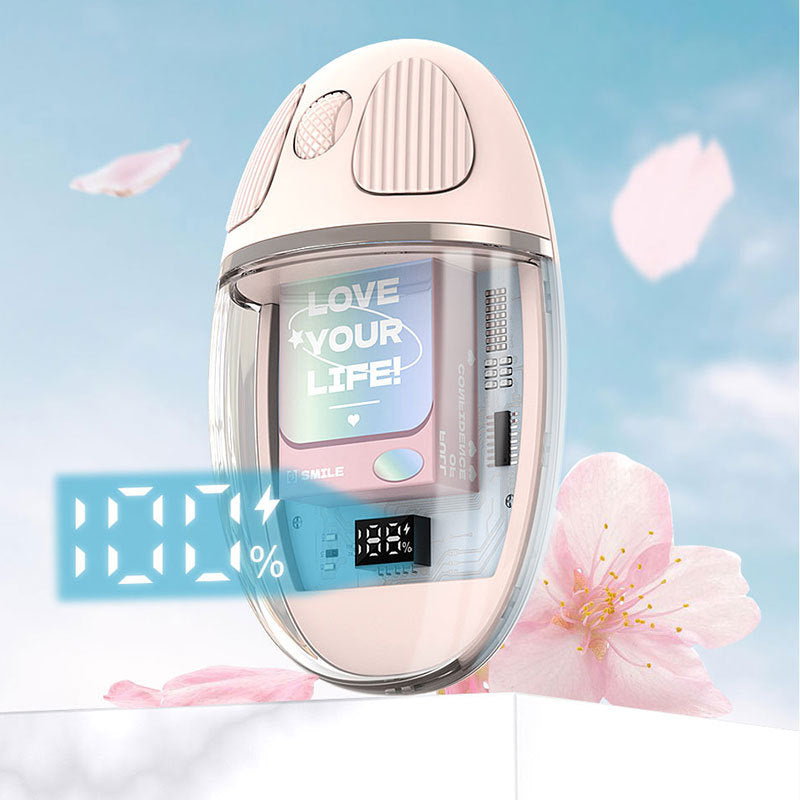 Mouse Wireless cu Afișaj LED, Iluminare RGB, Bluetooth & 2.4G, Reîncărcabil Type-C – Design Modern Cristal, culoare alb, roz și violet