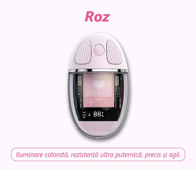 Mouse Wireless cu Afișaj LED, Iluminare RGB, Bluetooth & 2.4G, Reîncărcabil Type-C – Design Modern Cristal, culoare alb, roz și violet