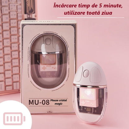 Mouse Wireless cu Afișaj LED, Iluminare RGB, Bluetooth & 2.4G, Reîncărcabil Type-C – Design Modern Cristal, culoare alb, roz și violet