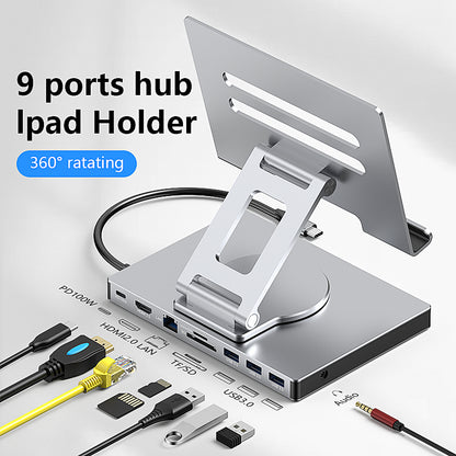 Suport Tableta/Laptop 360° cu Docking Station 9 in 1, Aluminiu Ergonomic, HDMI 4K, USB-C PD 100W, Compatibil MacBook & Laptop