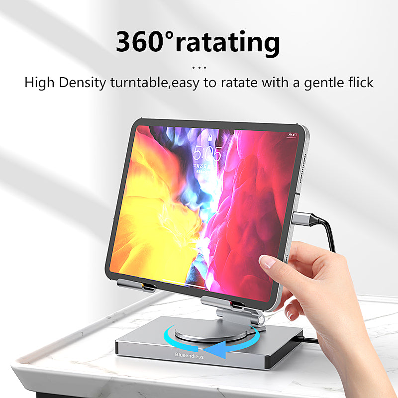 Suport Tableta/Laptop 360° cu Docking Station 9 in 1, Aluminiu Ergonomic, HDMI 4K, USB-C PD 100W, Compatibil MacBook & Laptop