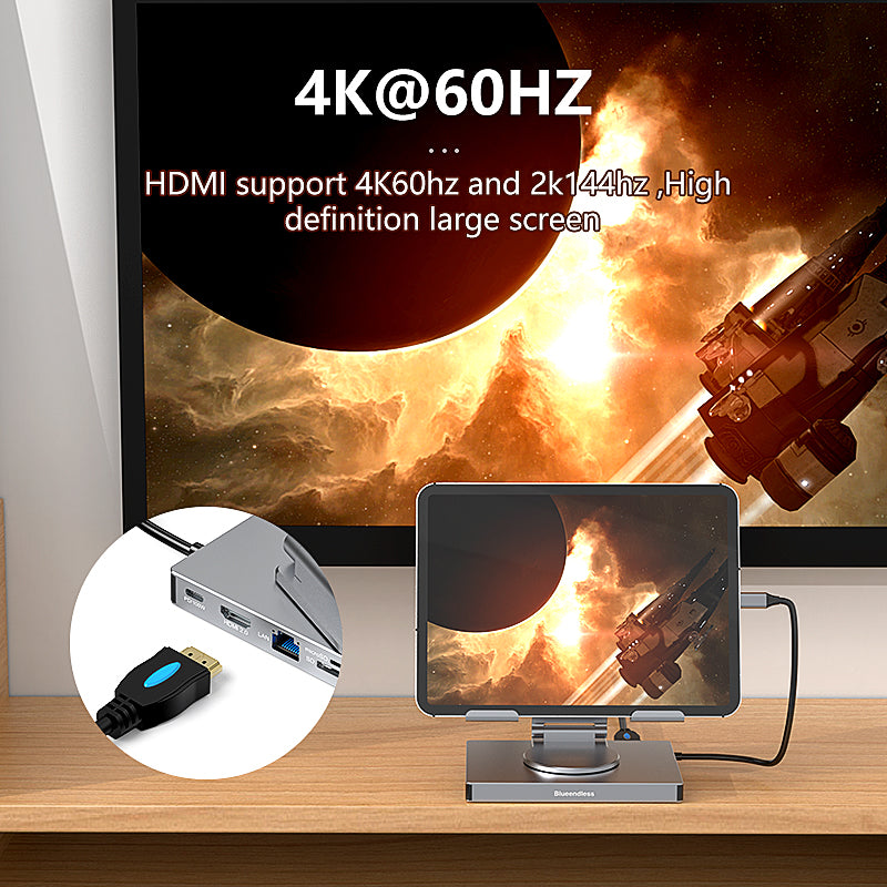 Suport Tableta/Laptop 360° cu Docking Station 9 in 1, Aluminiu Ergonomic, HDMI 4K, USB-C PD 100W, Compatibil MacBook & Laptop