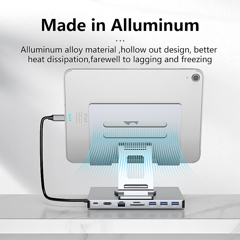 Suport Tableta/Laptop 360° cu Docking Station 9 in 1, Aluminiu Ergonomic, HDMI 4K, USB-C PD 100W, Compatibil MacBook & Laptop