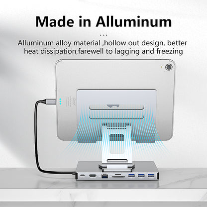Suport Tableta/Laptop 360° cu Docking Station 9 in 1, Aluminiu Ergonomic, HDMI 4K, USB-C PD 100W, Compatibil MacBook & Laptop