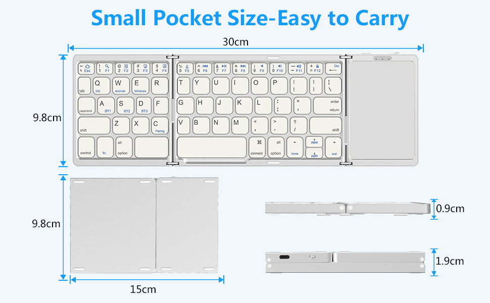 Tastatură Pliabilă Bluetooth cu Touchpad – Compatibilă iOS, Android, Windows, Mac, Ultra Compactă & Portabilă, culoare negru și silver
