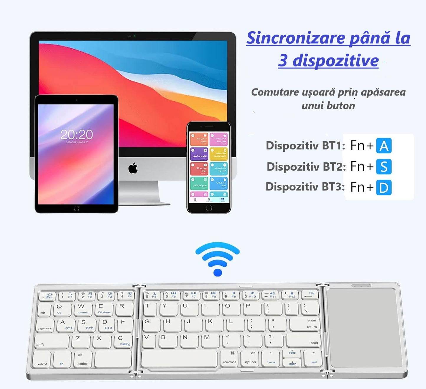 Tastatură Pliabilă Bluetooth cu Touchpad – Compatibilă iOS, Android, Windows, Mac, Ultra Compactă & Portabilă, culoare negru și silver