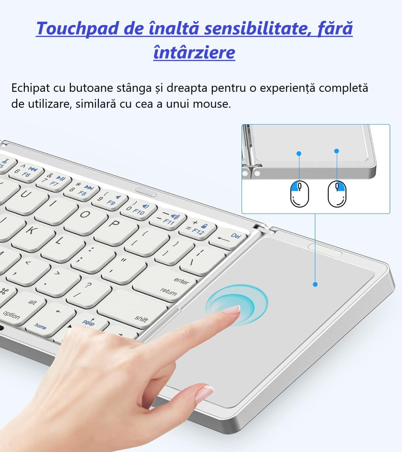 Tastatură Pliabilă Bluetooth cu Touchpad – Compatibilă iOS, Android, Windows, Mac, Ultra Compactă & Portabilă, culoare negru și silver