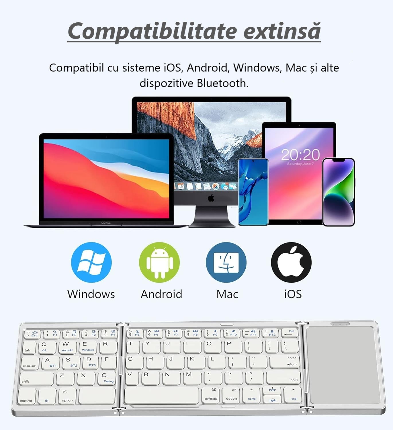 Tastatură Pliabilă Bluetooth cu Touchpad – Compatibilă iOS, Android, Windows, Mac, Ultra Compactă & Portabilă, culoare negru și silver