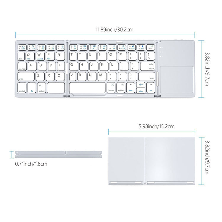 Tastatură Wireless Pliabilă Bluetooth 5.1 + 2.4G cu Touchpad Sensibil, Baterie Reîncărcabilă și Design Compact, culoare gri și silver