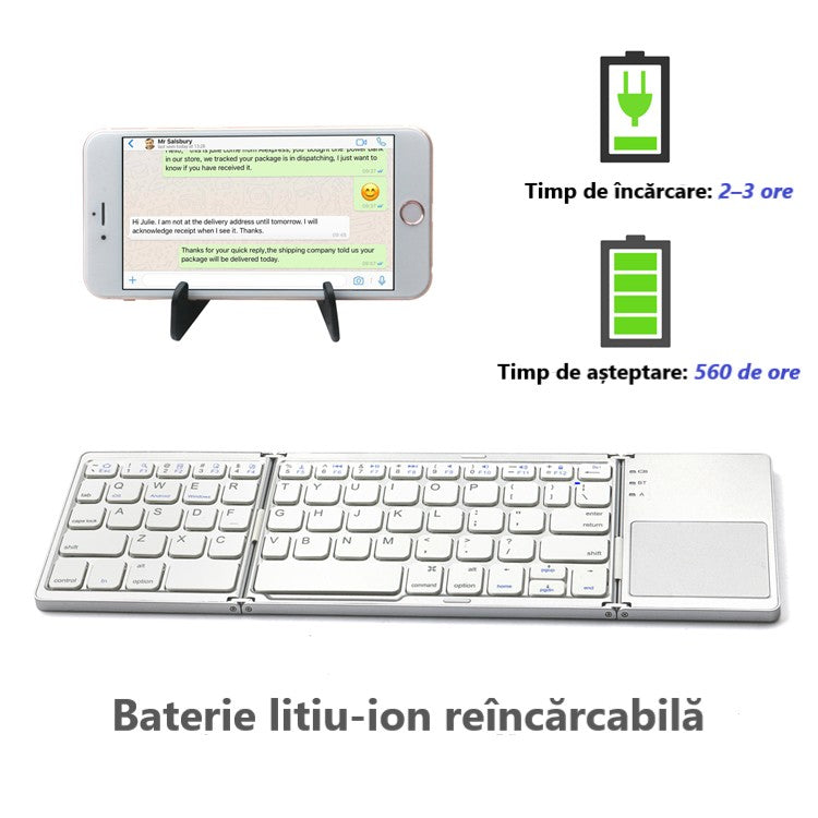 Tastatură Wireless Pliabilă Bluetooth 5.1 + 2.4G cu Touchpad Sensibil, Baterie Reîncărcabilă și Design Compact, culoare gri și silver