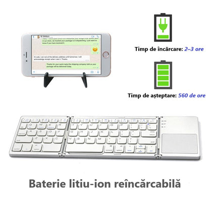Tastatură Wireless Pliabilă Bluetooth 5.1 + 2.4G cu Touchpad Sensibil, Baterie Reîncărcabilă și Design Compact, culoare gri și silver