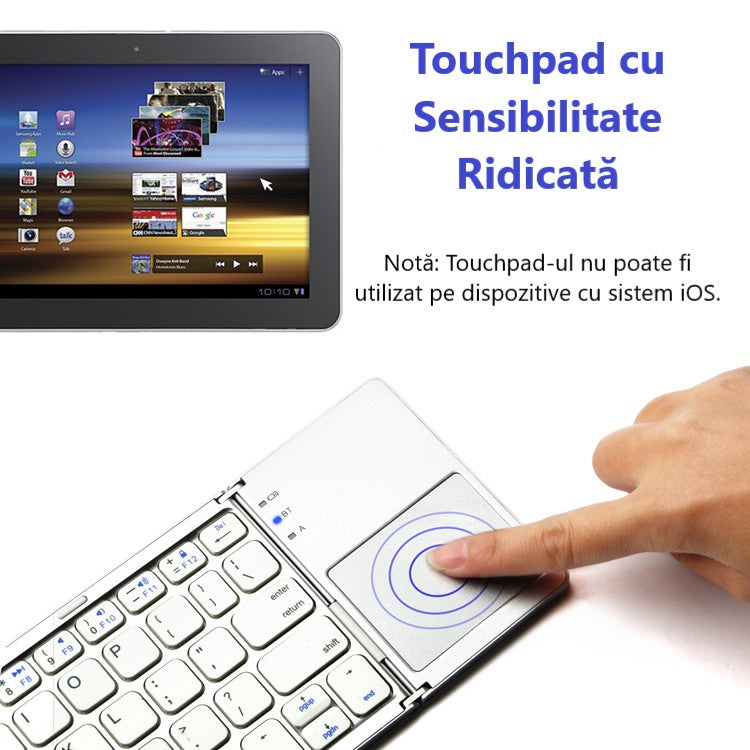 Tastatură Wireless Pliabilă Bluetooth 5.1 + 2.4G cu Touchpad Sensibil, Baterie Reîncărcabilă și Design Compact, culoare gri și silver