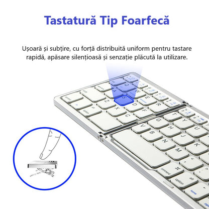 Tastatură Wireless Pliabilă Bluetooth 5.1 + 2.4G cu Touchpad Sensibil, Baterie Reîncărcabilă și Design Compact, culoare gri și silver