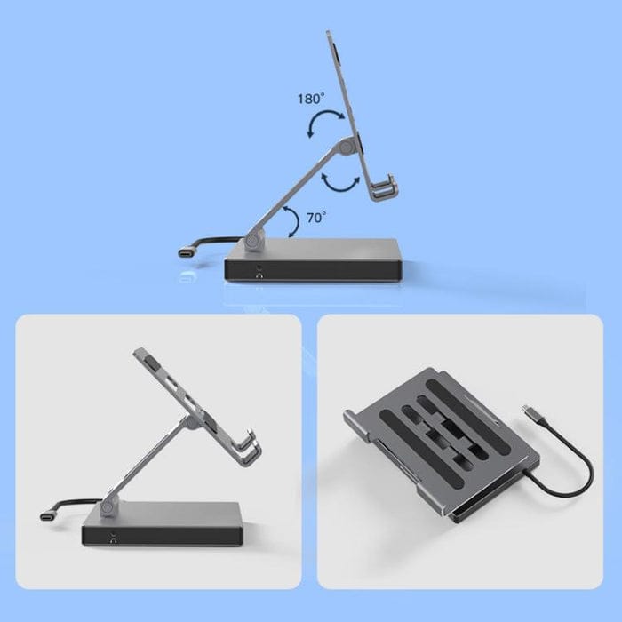 Suport Laptop 360° cu Docking Station 10 in 1, Aluminiu Ergonomic, HDMI 4K, USB-C PD 100W, Compatibil MacBook & Laptop