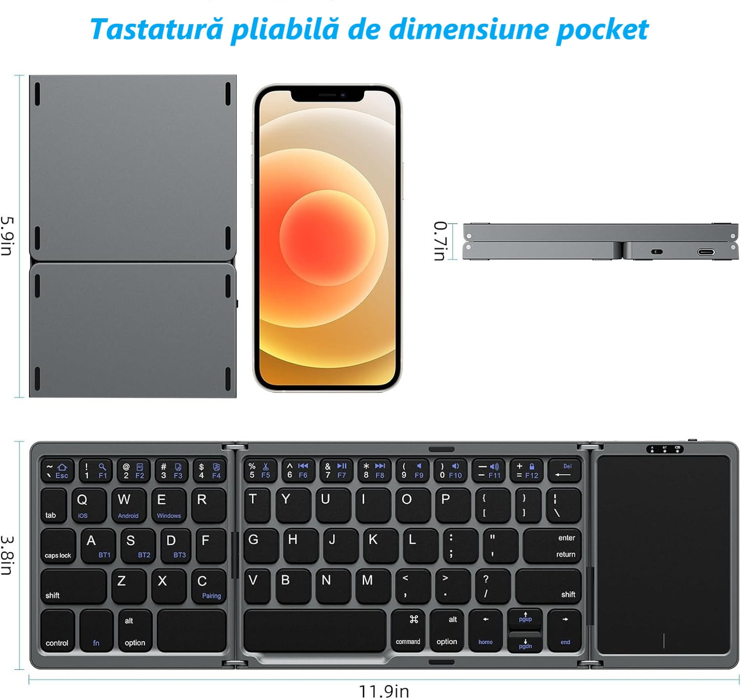 Tastatură Pliabilă Bluetooth cu Touchpad – Compatibilă iOS, Android, Windows, Mac, Ultra Compactă & Portabilă, culoare negru și silver
