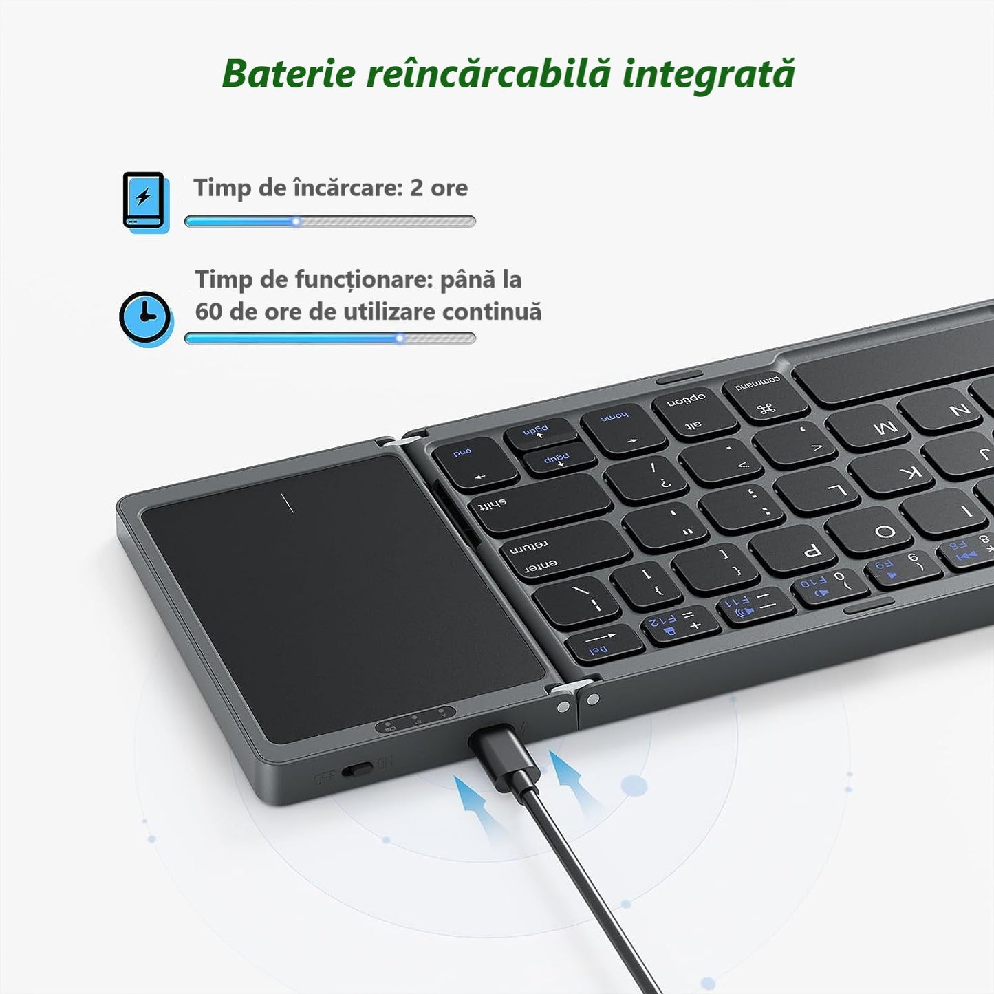 Tastatură Pliabilă Bluetooth cu Touchpad – Compatibilă iOS, Android, Windows, Mac, Ultra Compactă & Portabilă, culoare negru și silver