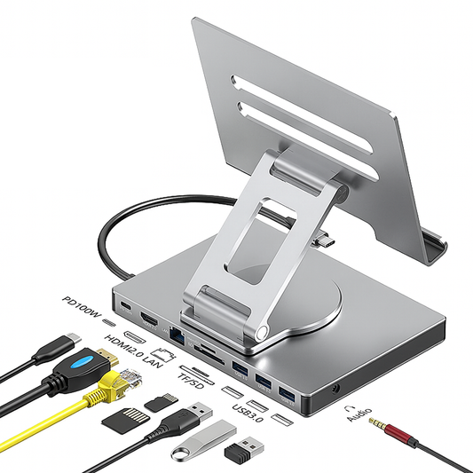 Suport Laptop/Tabletă cu Hub USB C 7-in 1, PD 100W HDMI 4K LAN Slot SDTF USB 3.0 Aluminiu grey