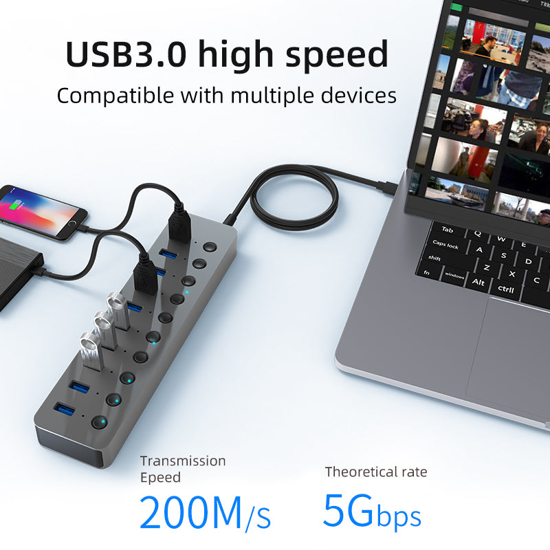 Hub USB 3.0 cu 10 porturi, comutatoare individuale și LED Indicator–Viteză 5Gbps, compatibil PC și laptop