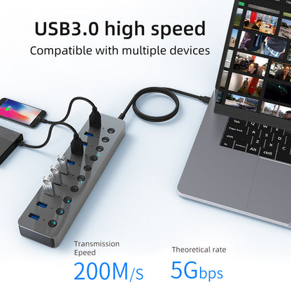 Hub USB 3.0 cu 10 porturi, comutatoare individuale și LED Indicator–Viteză 5Gbps, compatibil PC și laptop
