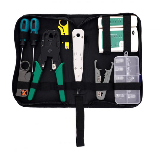 Set Instrumente Rețelistică Profesional 9 Piese cu Tester Cabluri, Sertizator RJ45, Mufe și Husă – Instalatori & IT